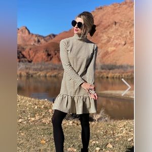 BURU  Side Zip Turtleneck Mini Dress Ivory Black Stripe Long Sleeve, Size XSmall